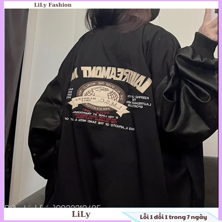 Áo khoác boomber nam nữ form to logo thêu phối tay da cực ngầu phong cách thời trang Hàn Quốc, trẻ trung, hiện đại