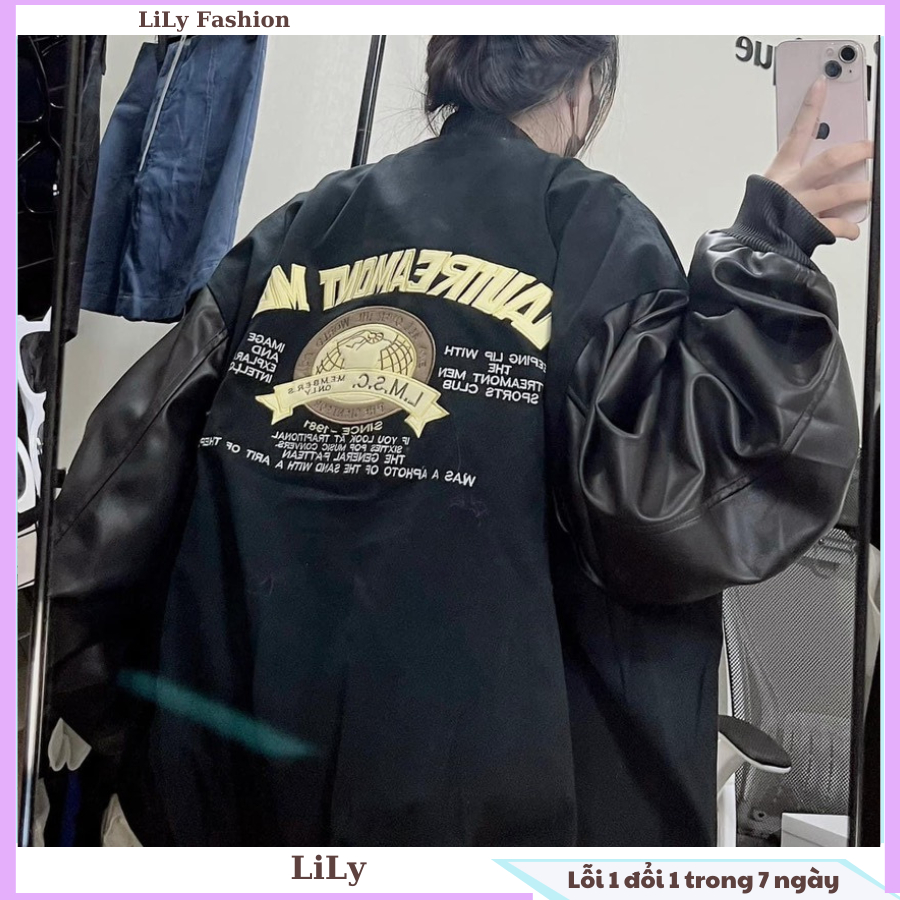 Áo khoác boomber nam nữ form to logo thêu phối tay da cực ngầu phong cách thời trang Hàn Quốc, trẻ trung, hiện đại