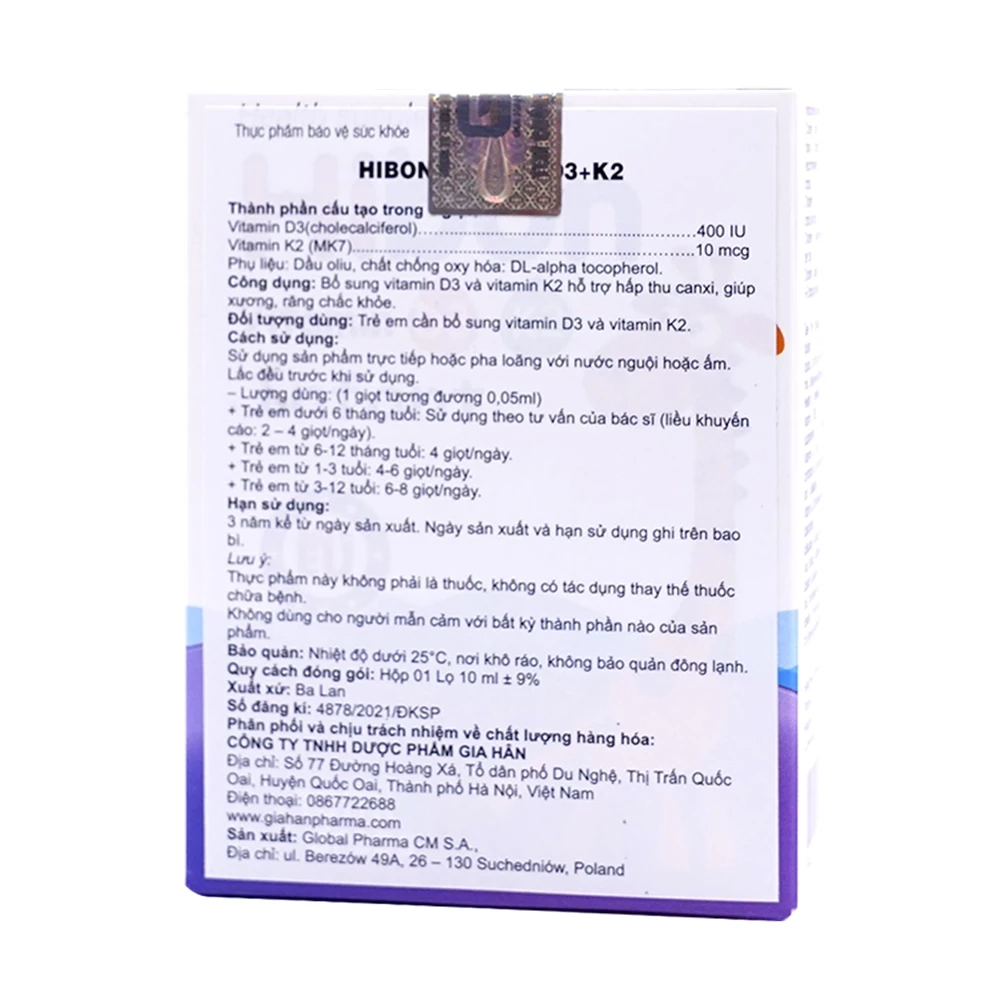 Hibon Vitamin D3K2 Infant - Hỗ Trợ Hấp Thu Canxi, Giúp Xương Chắc Khỏe