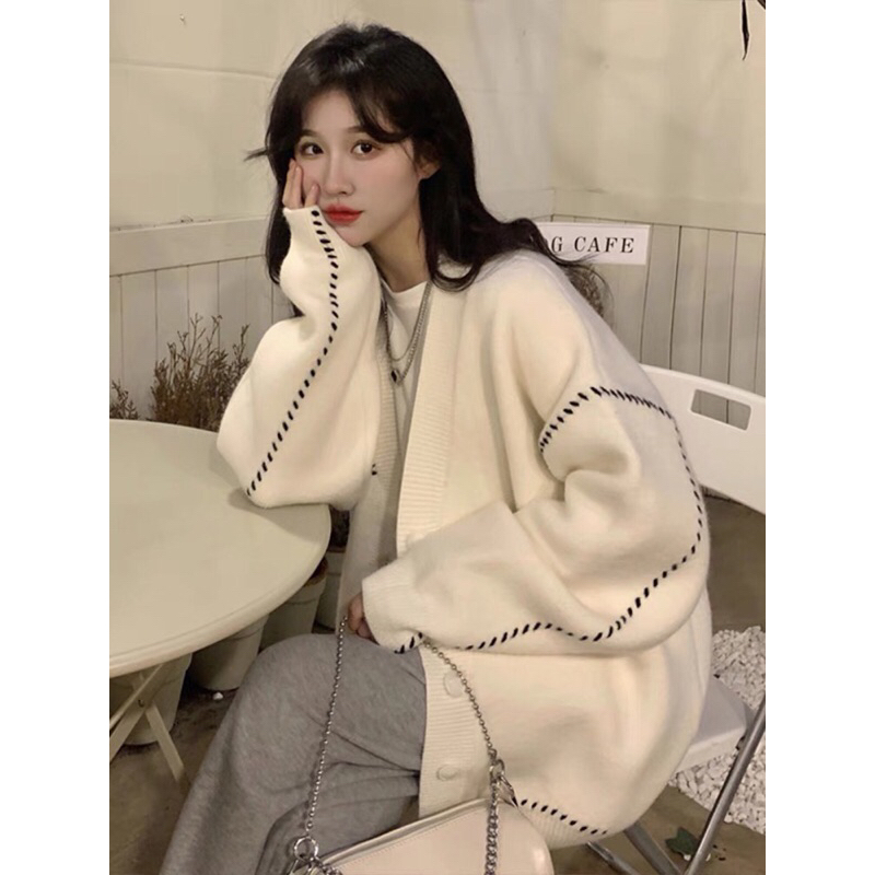 SẴN áo khoác len cardigan trắng phối viền sọc đen chất len đẹp QCCC dáng rộng phong cách Hàn Quốc