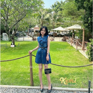 Váy bò sát nách, đầm denim cộc tay kèm dây lưng nịt eo Kemi hàng tuyển cao cấp
