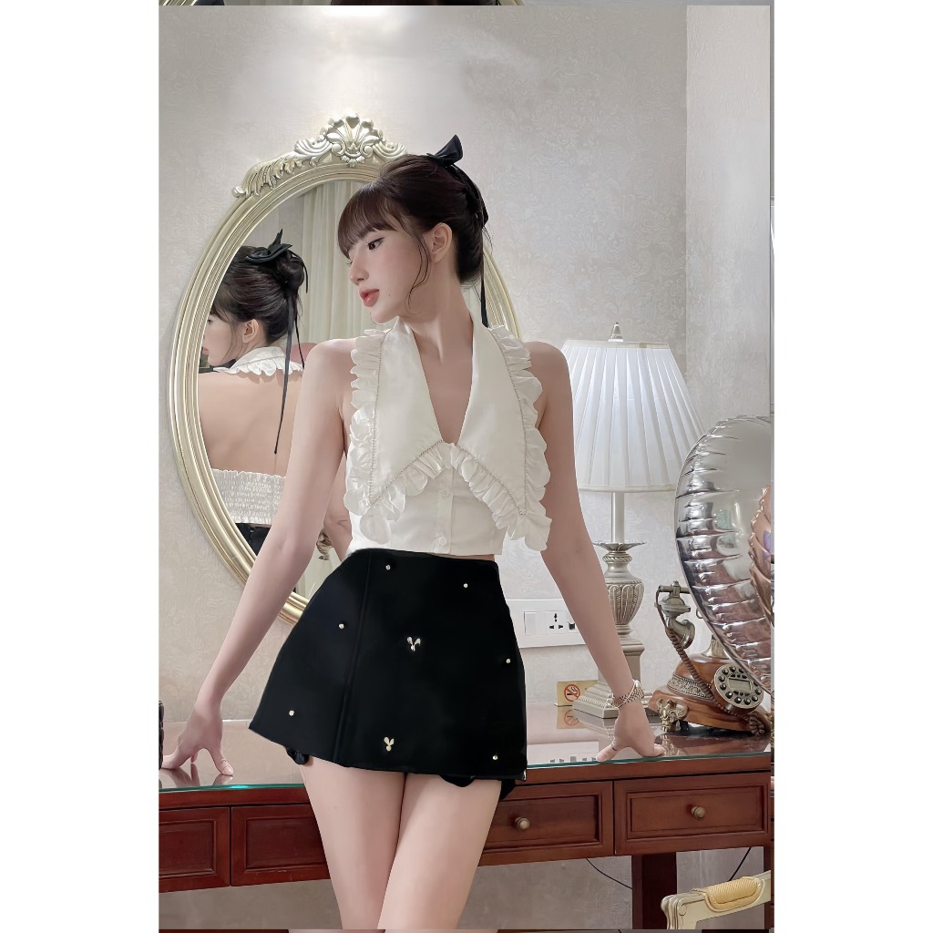 Sét áo croptop đính đá viền bèo kèm chân váy tafta đính đá hàng chuẩn Shirley