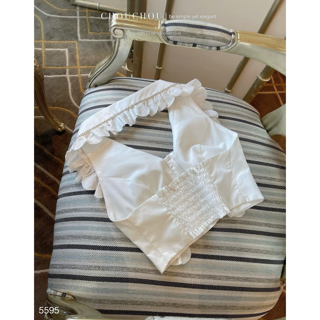 Sét áo croptop đính đá viền bèo kèm chân váy tafta đính đá hàng chuẩn Shirley