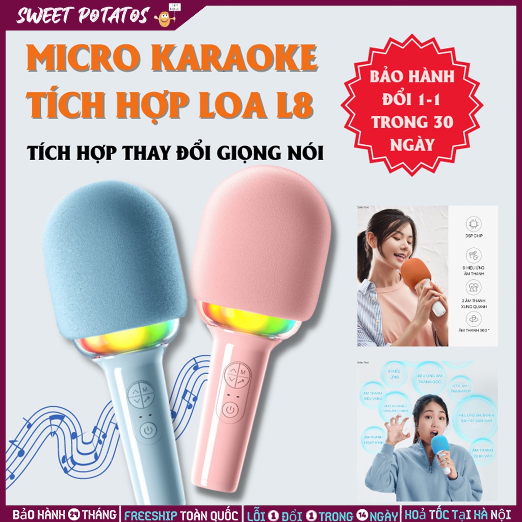 Micro karaoke bluetoolth tích hợp loa, Micro hát karaoke L8 có đèn led RGB, Mic đổi giọng tiện lợi Loa kéo bluetoolth