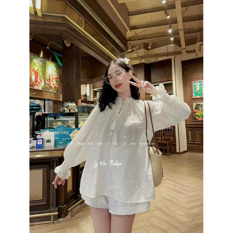 Set áo trắng xô thêu tay bo + Quần short