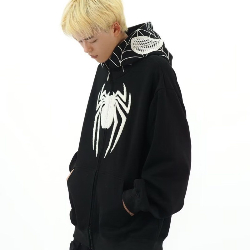 ÁO HOODIE ZIP SPIDER MAN NHỆN màu đỏ và đen dây kéo form rộng vải nỉ lót bông dày dặn nam nữ