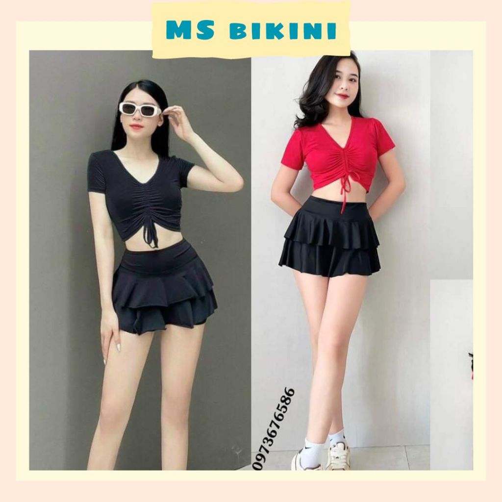 Đồ bơi nữ kín đáo bikini đi biển 2 mảnh bộ đồ bơi áo rút dây váy xòe 2 tầng cạp cao che bụng Ms07