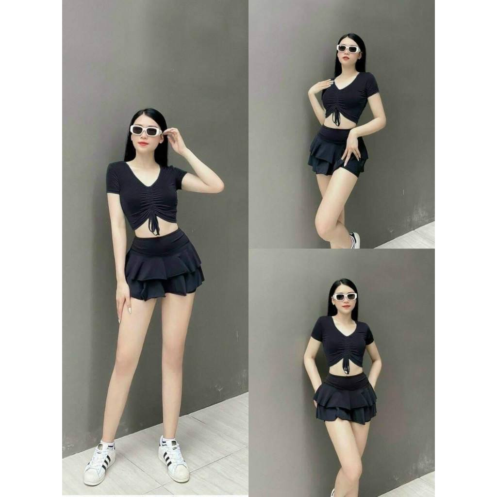 Đồ bơi nữ kín đáo bikini đi biển 2 mảnh bộ đồ bơi áo rút dây váy xòe 2 tầng cạp cao che bụng Ms07