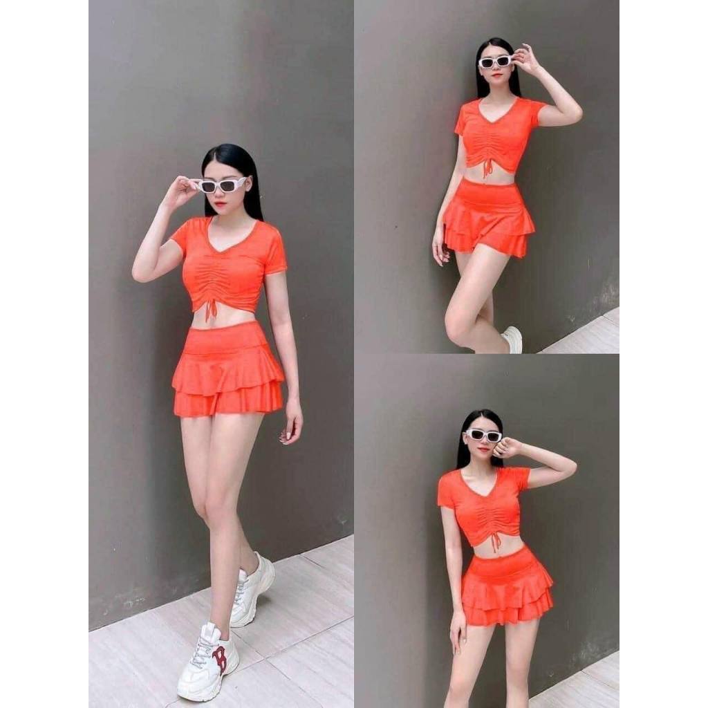 Đồ bơi nữ kín đáo bikini đi biển 2 mảnh bộ đồ bơi áo rút dây váy xòe 2 tầng cạp cao che bụng Ms07