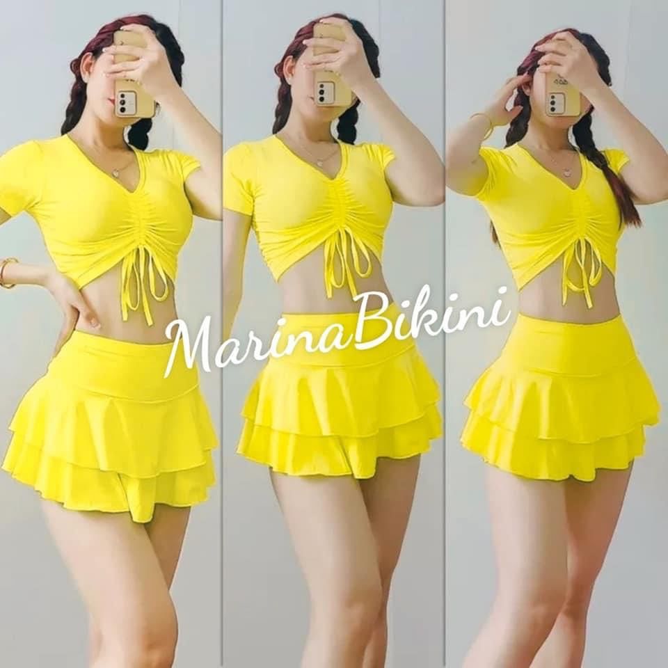 Đồ bơi nữ kín đáo bikini đi biển 2 mảnh bộ đồ bơi áo rút dây váy xòe 2 tầng cạp cao che bụng Ms07