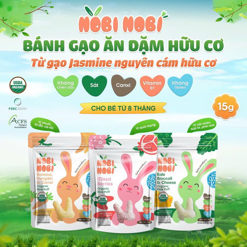 NoBi Bánh gạo ăn dặm hữ cơ hình thỏ cho bé 8m+ gói 15g Thái Lan