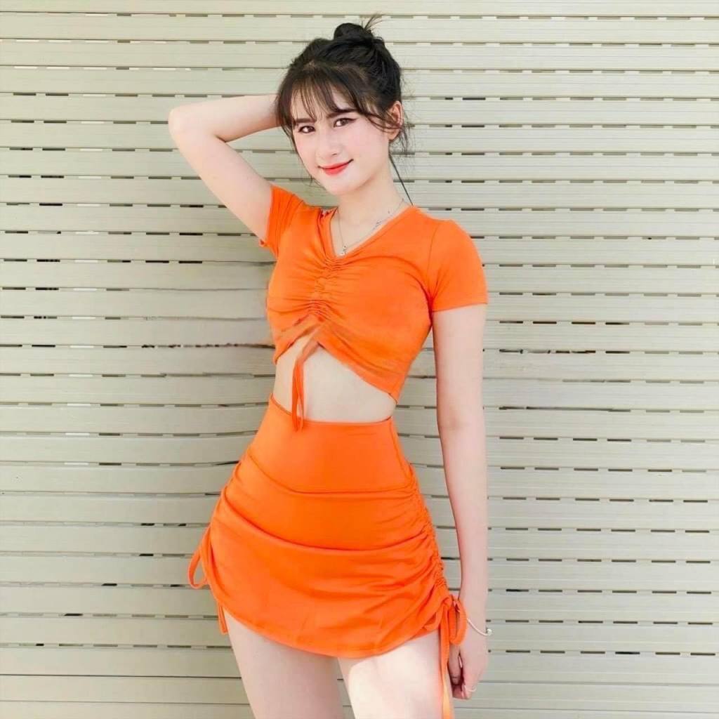 Bikini kín đáo đồ bơi đồ đi biển nữ bikini 2 mãnh áo váy dây rút lưng cao Ms08