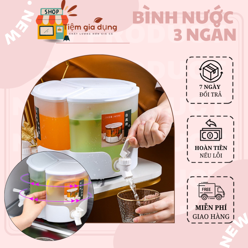 Bình Nước 3 Ngăn Dung Tích 5.2L, Xoay 360 Độ Tiện Lợi - Giá Rẻ Chưa Từng Có