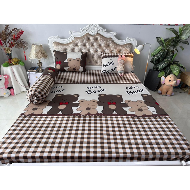 Bộ Ga Thun Hàn Quốc Gấu Bear Nâu