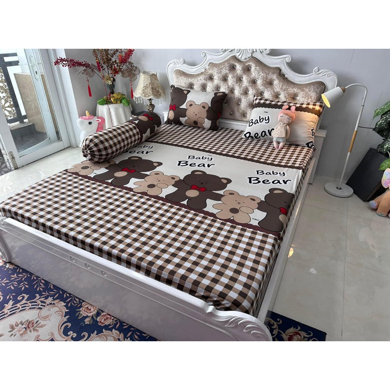 Bộ Ga Thun Hàn Quốc Gấu Bear Nâu