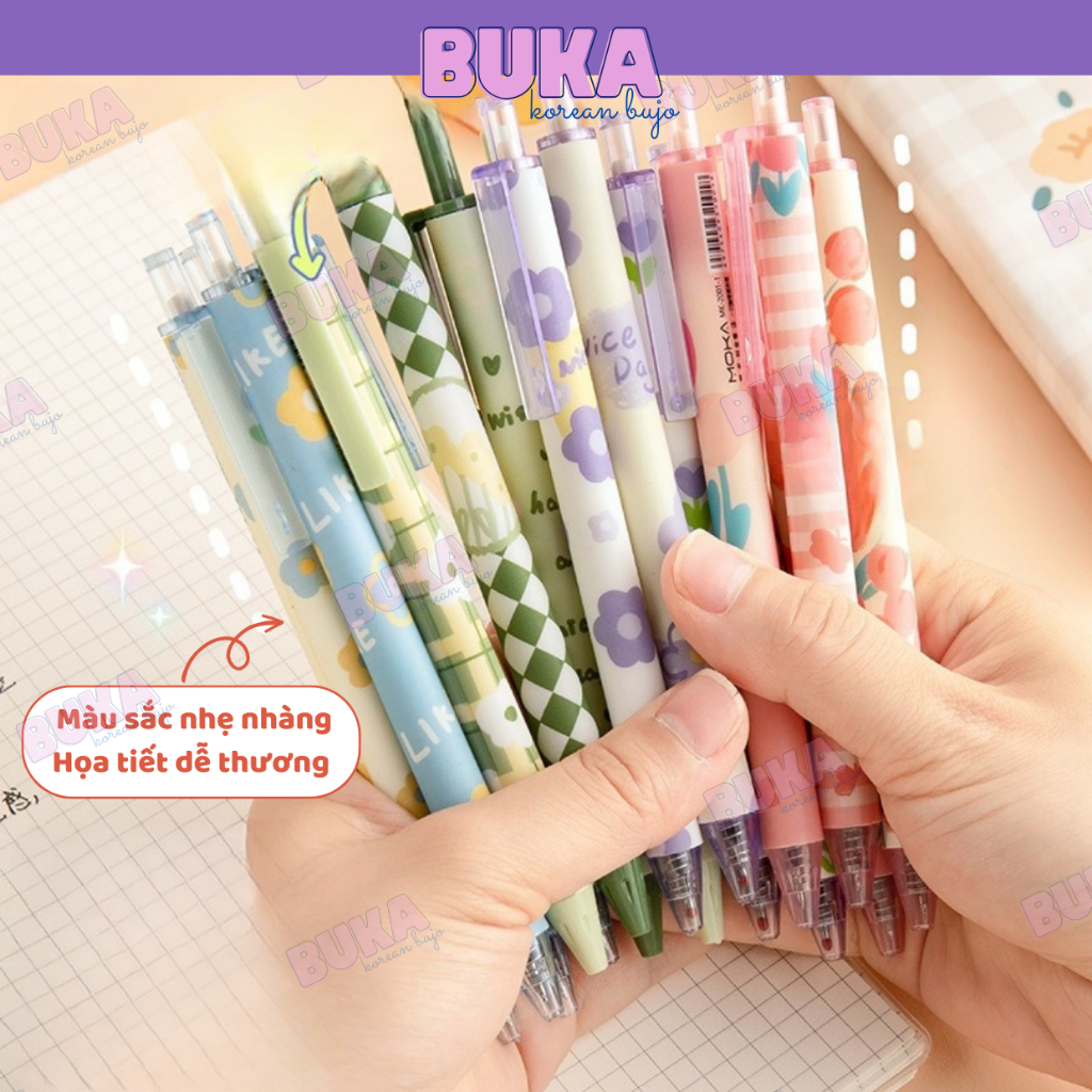 Set 4 bút bi bấm Buka bút gel CY mực màu đen ngòi 0.5mm họa tiết dễ thương phụ kiện văn phòng phẩm