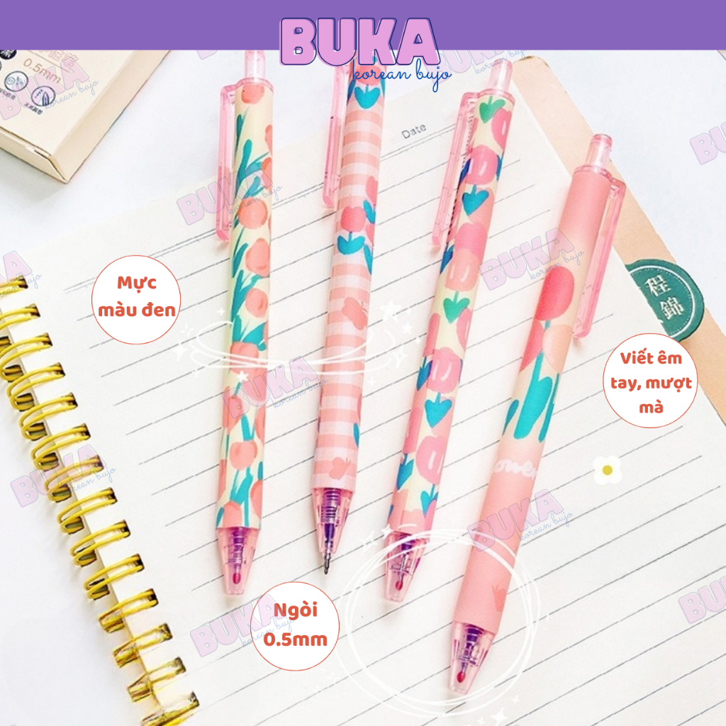 Set 4 bút bi bấm Buka bút gel CY mực màu đen ngòi 0.5mm họa tiết dễ thương phụ kiện văn phòng phẩm