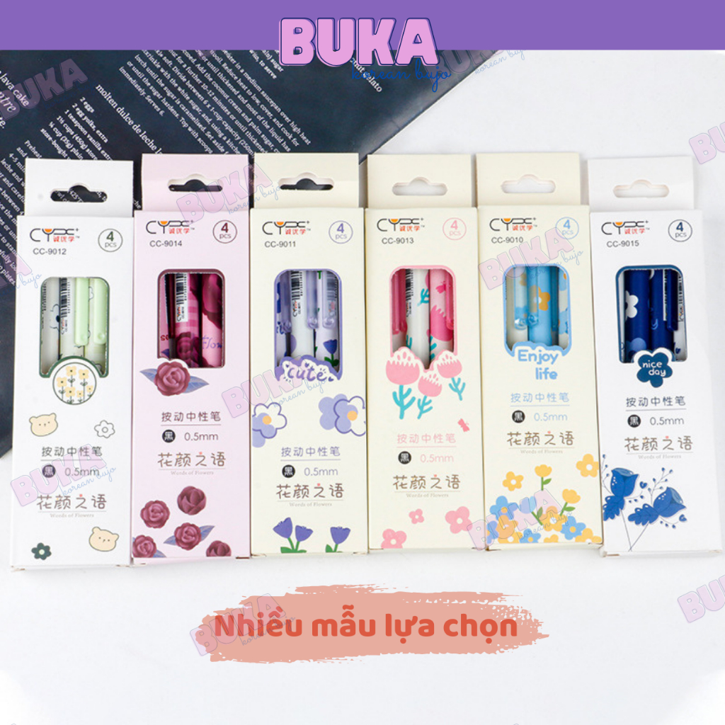 Set 4 bút bi bấm Buka bút gel CY mực màu đen ngòi 0.5mm họa tiết dễ thương phụ kiện văn phòng phẩm