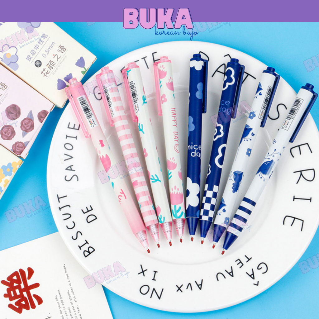 Set 4 bút bi bấm Buka bút gel CY mực màu đen ngòi 0.5mm họa tiết dễ thương phụ kiện văn phòng phẩm