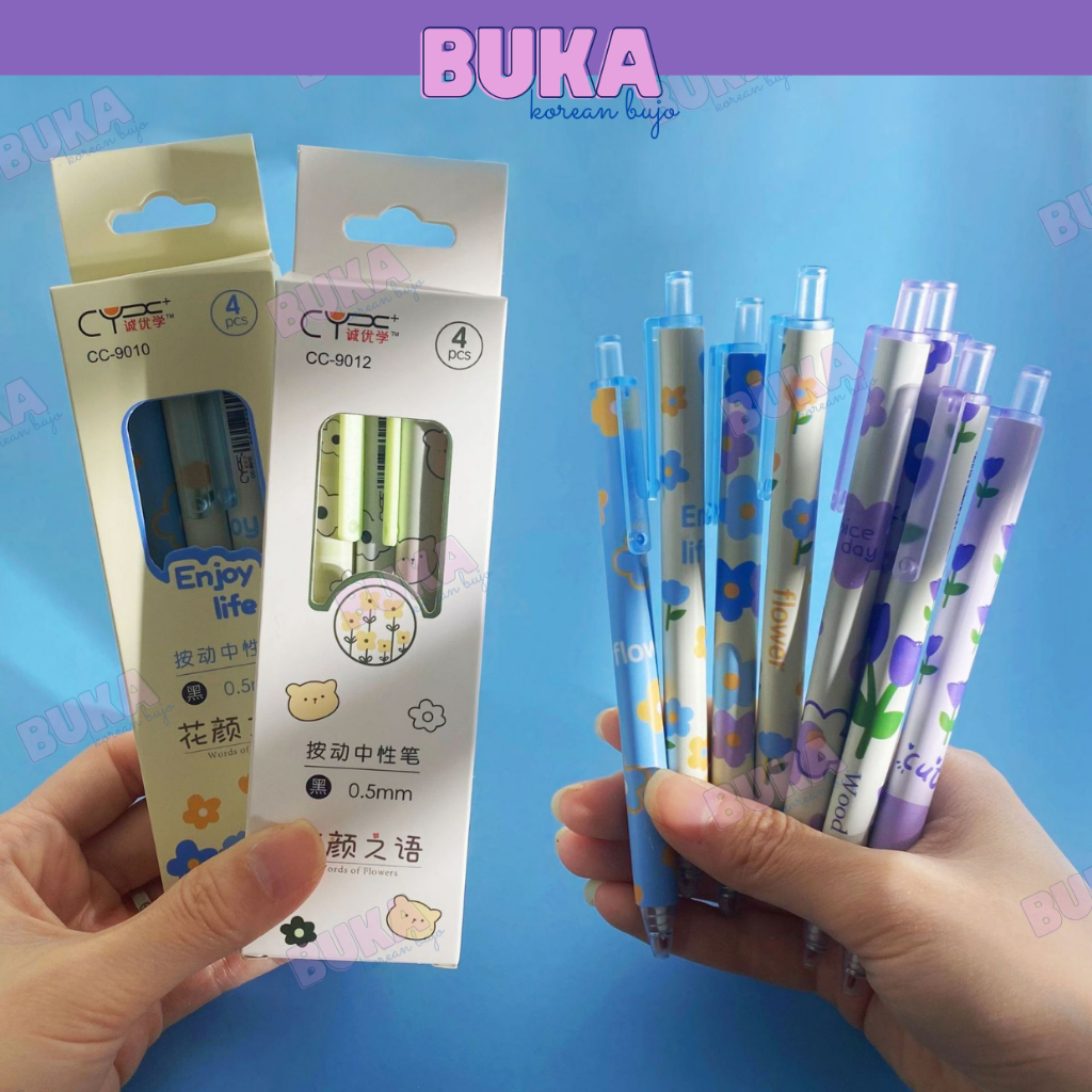 Set 4 bút bi bấm Buka bút gel CY mực màu đen ngòi 0.5mm họa tiết dễ thương phụ kiện văn phòng phẩm