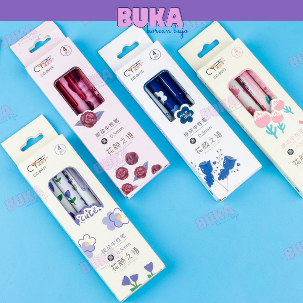 Set 4 bút bi bấm Buka bút gel CY mực màu đen ngòi 0.5mm họa tiết dễ thương phụ kiện văn phòng phẩm