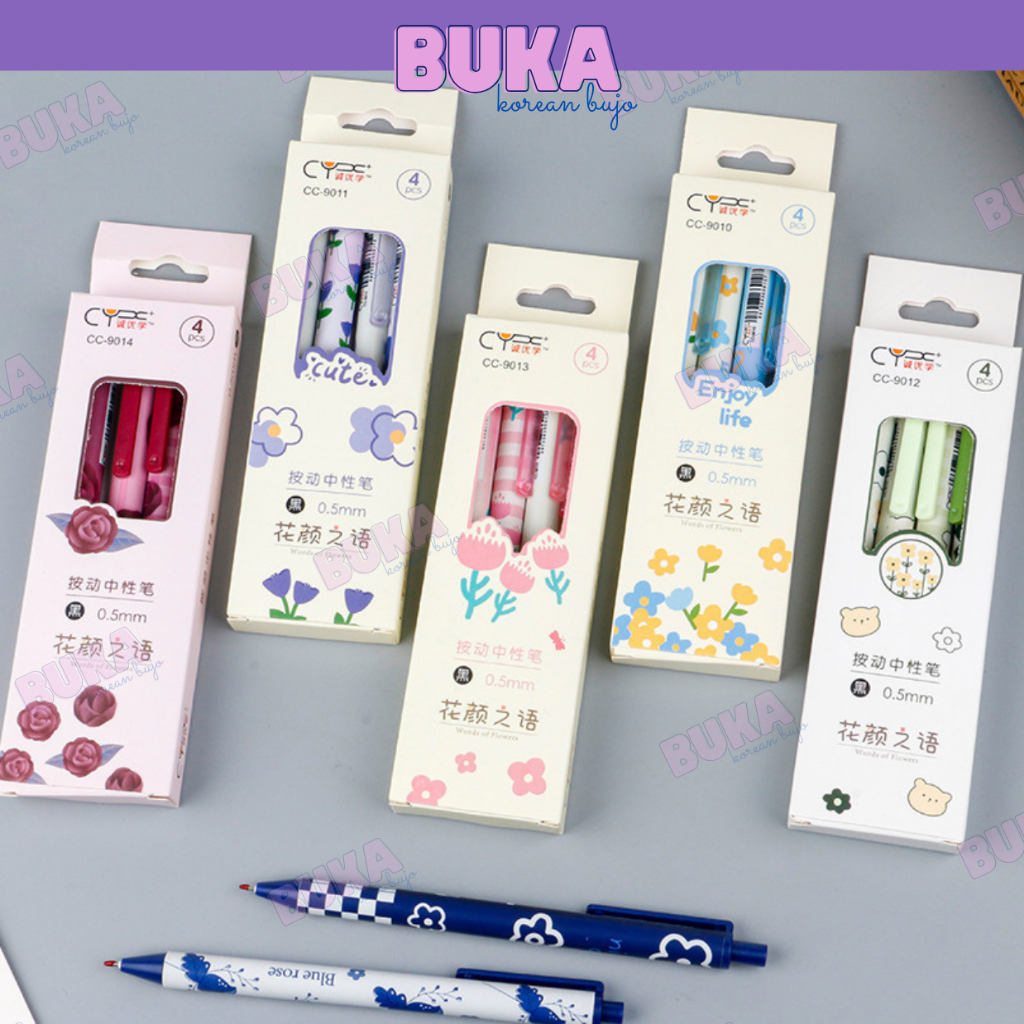 Set 4 bút bi bấm Buka bút gel CY mực màu đen ngòi 0.5mm họa tiết dễ thương phụ kiện văn phòng phẩm