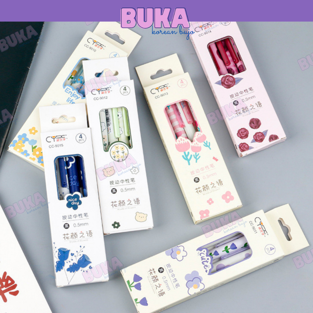 Set 4 bút bi bấm Buka bút gel CY mực màu đen ngòi 0.5mm họa tiết dễ thương phụ kiện văn phòng phẩm