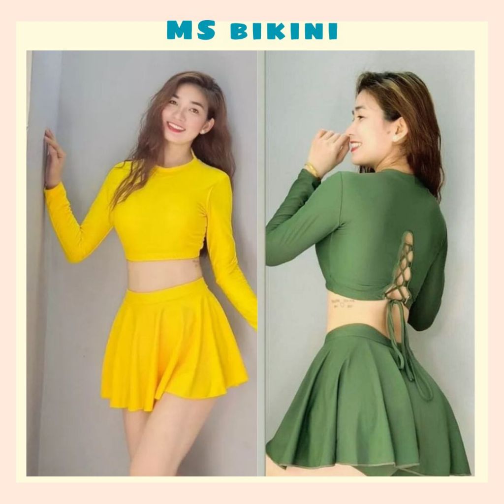 Đồ bơi nữ kín đáo đồ bơi tay dài áo croptop dây rút đan lưng váy xèo cạp cao quần đùi bên trong che bụng Ms23