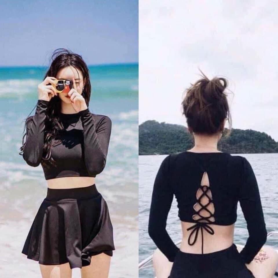Đồ bơi nữ kín đáo đồ bơi tay dài áo croptop dây rút đan lưng váy xèo cạp cao quần đùi bên trong che bụng Ms23
