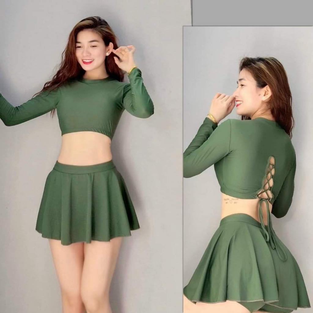 Đồ bơi nữ kín đáo đồ bơi tay dài áo croptop dây rút đan lưng váy xèo cạp cao quần đùi bên trong che bụng Ms23