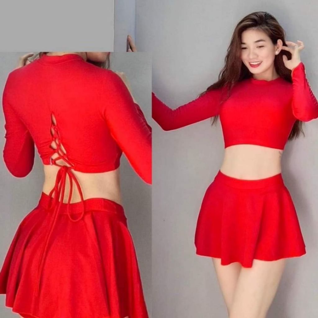 Đồ bơi nữ kín đáo đồ bơi tay dài áo croptop dây rút đan lưng váy xèo cạp cao quần đùi bên trong che bụng Ms23