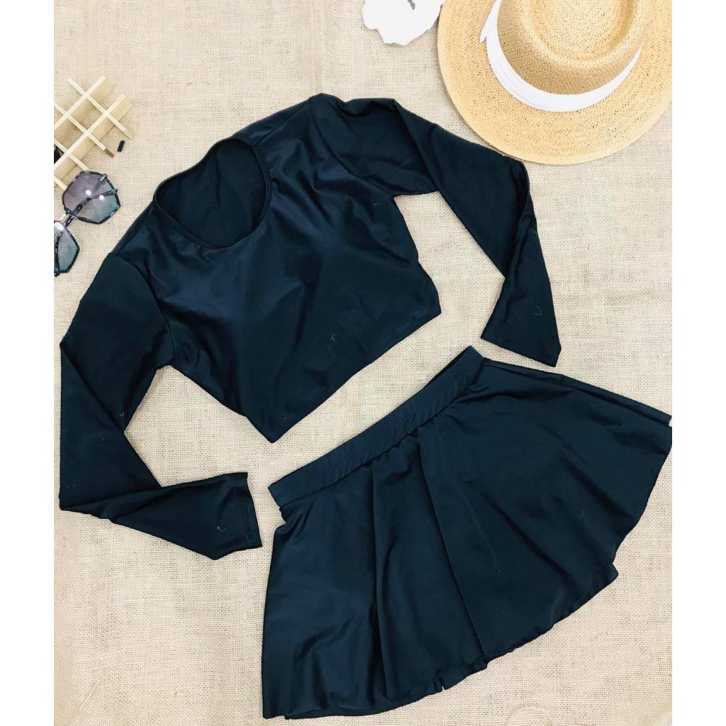 Đồ bơi nữ kín đáo đồ bơi tay dài áo croptop dây rút đan lưng váy xèo cạp cao quần đùi bên trong che bụng Ms23