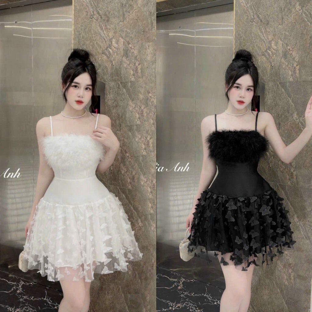 Đầm váy nữ tapta 2 dây họa tiết lông vũ ngực phối lưới xòe với 2 tone đen, trắng đơn sắc sang chảnh cho các nàng dự tiệc