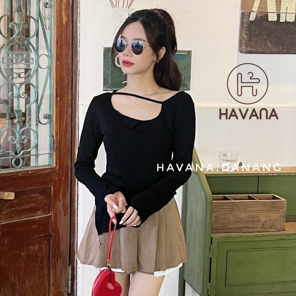 Áo thun dài tay chéo dây phối cổ cách điệu vạt nhọn bên HAVANA BE60