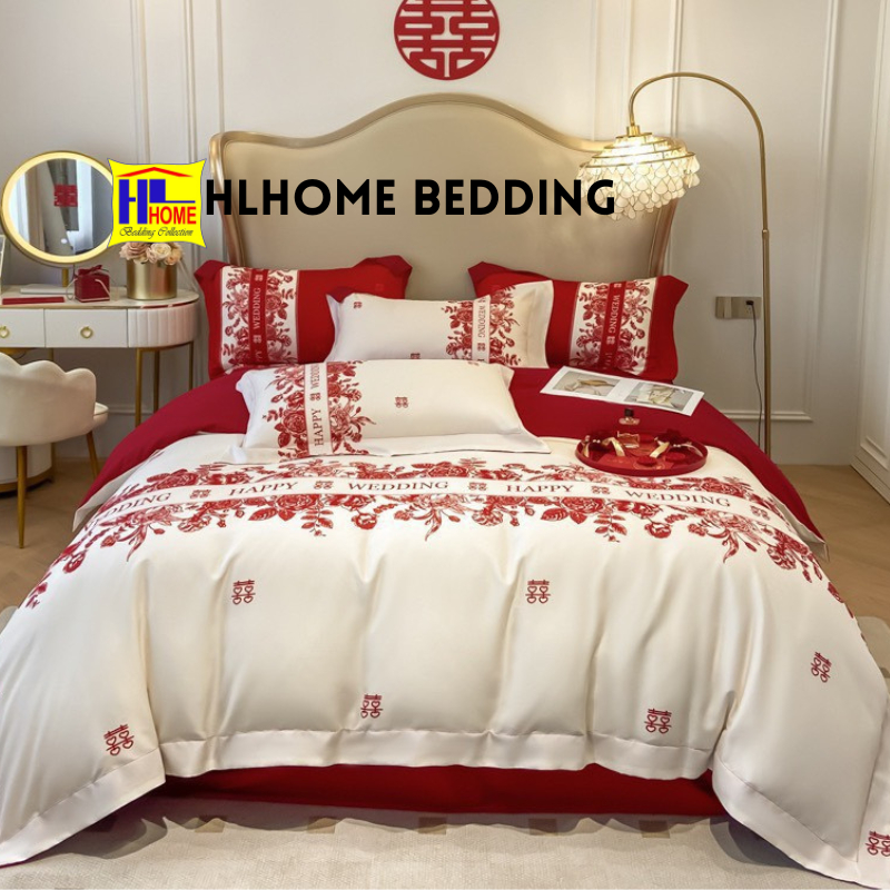 Bộ chăn ga lụa wedding màu đỏ hàng full box thoáng mát