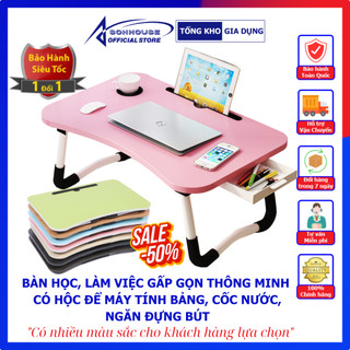Bàn học sinh gỗ gấp, Bàn học gấp gọn cho bé mini thông minh có khe cắm điện thoại