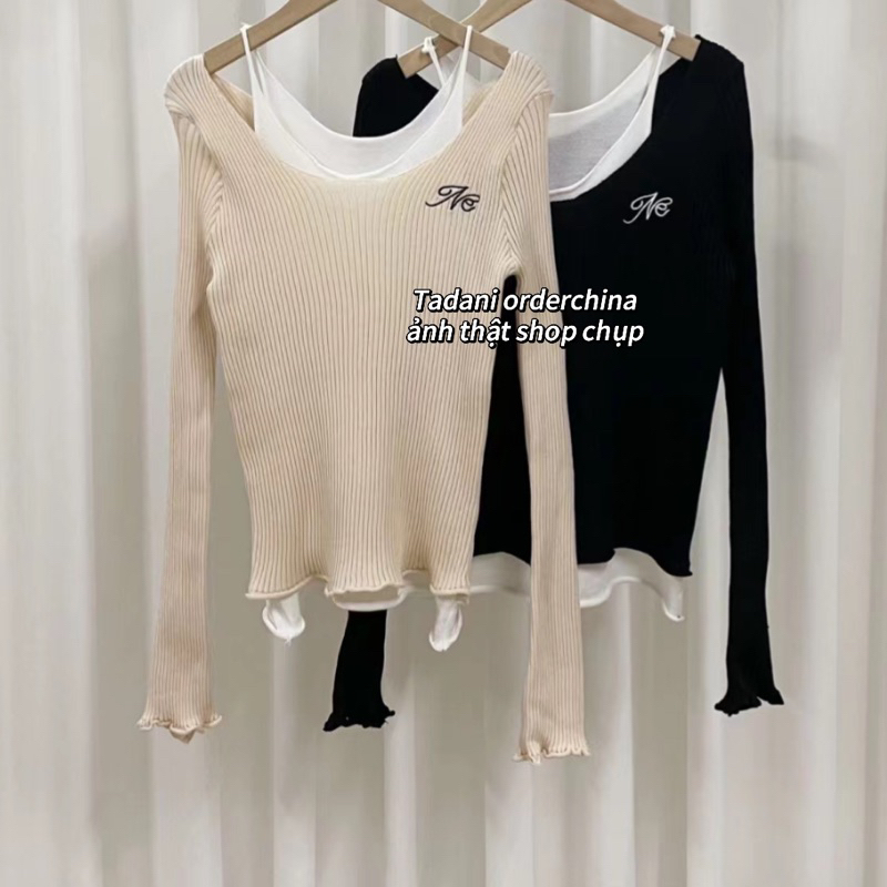 Áo len dệt thiết kế 2 áo dài tay cổ tròn dáng suông hơi ôm màu be sữa ngọt ngào thêu logo ulzzang Quảng Châu