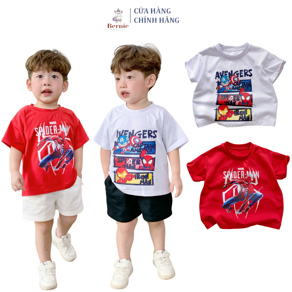 Áo phông siêu nhân nhện marvel bé trai thun cotton 4 chiều màu trắng màu đỏ ngắn tay 1 đến 7 tuổi BERNIE kids