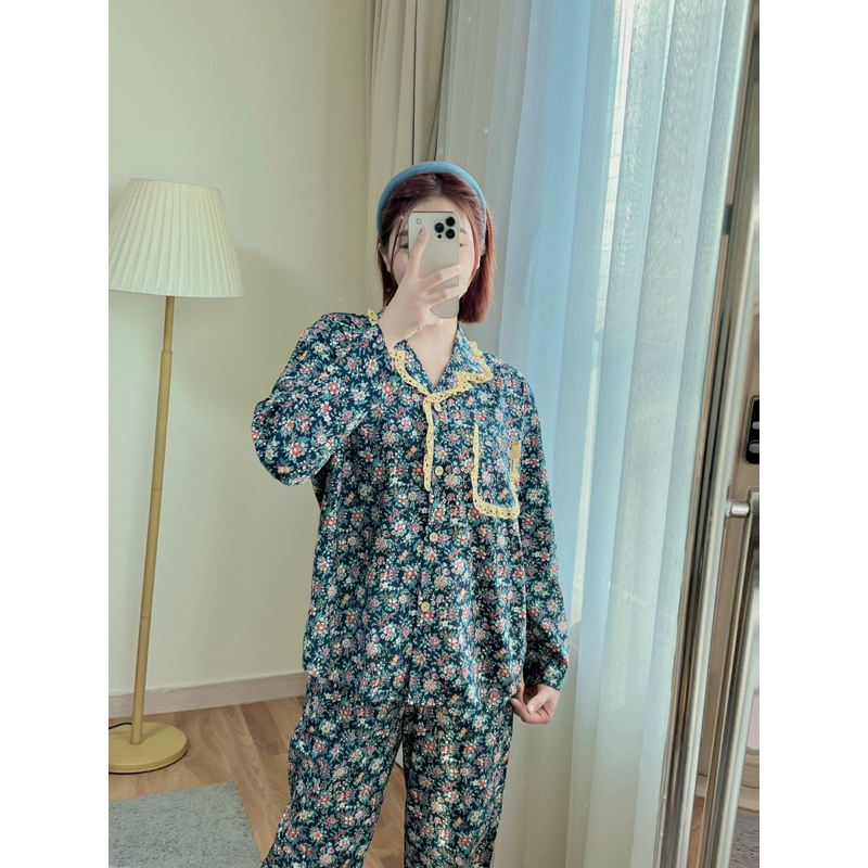 Bộ Pijama Nữ thu đông cotton sợi thêu xuất Hàn