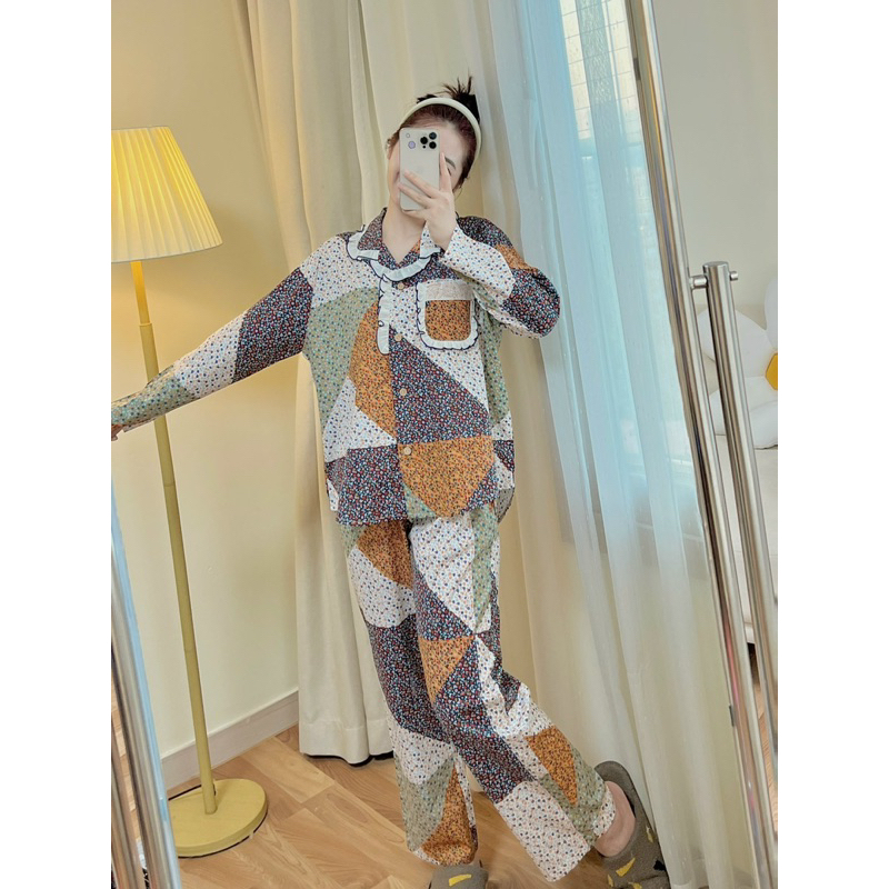 Bộ Pijama Nữ thu đông cotton sợi thêu xuất Hàn
