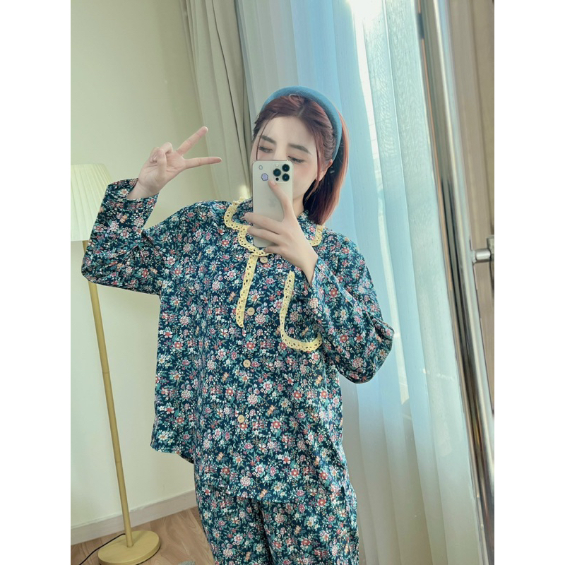 Bộ Pijama Nữ thu đông cotton sợi thêu xuất Hàn