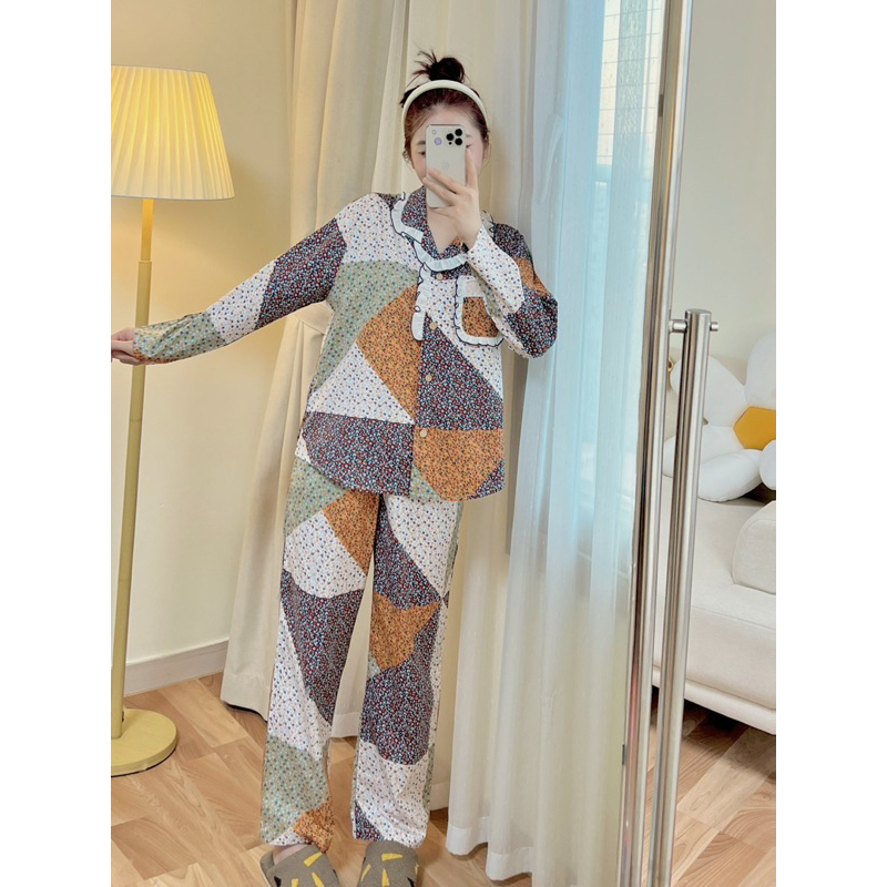 Bộ Pijama Nữ thu đông cotton sợi thêu xuất Hàn