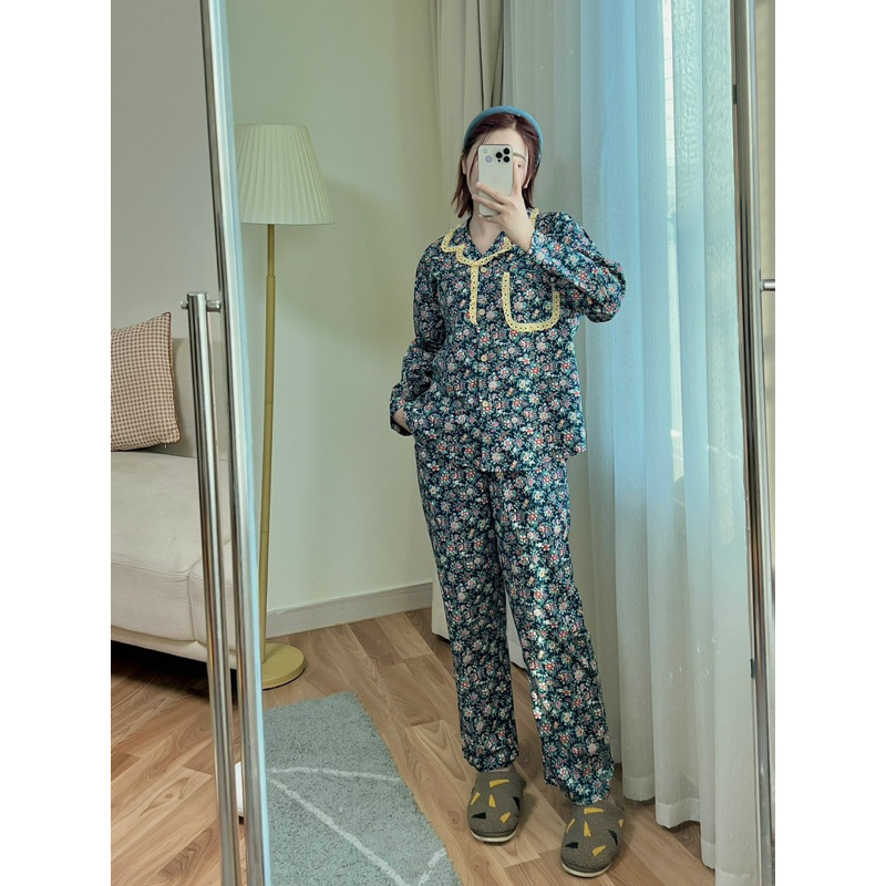 Bộ Pijama Nữ thu đông cotton sợi thêu xuất Hàn