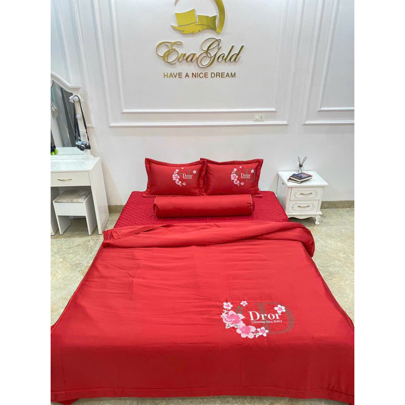 Set Chăn Ga Gối Phi Lụa Thêu Hoạ Tiết Mới 2023 (set 5 món)