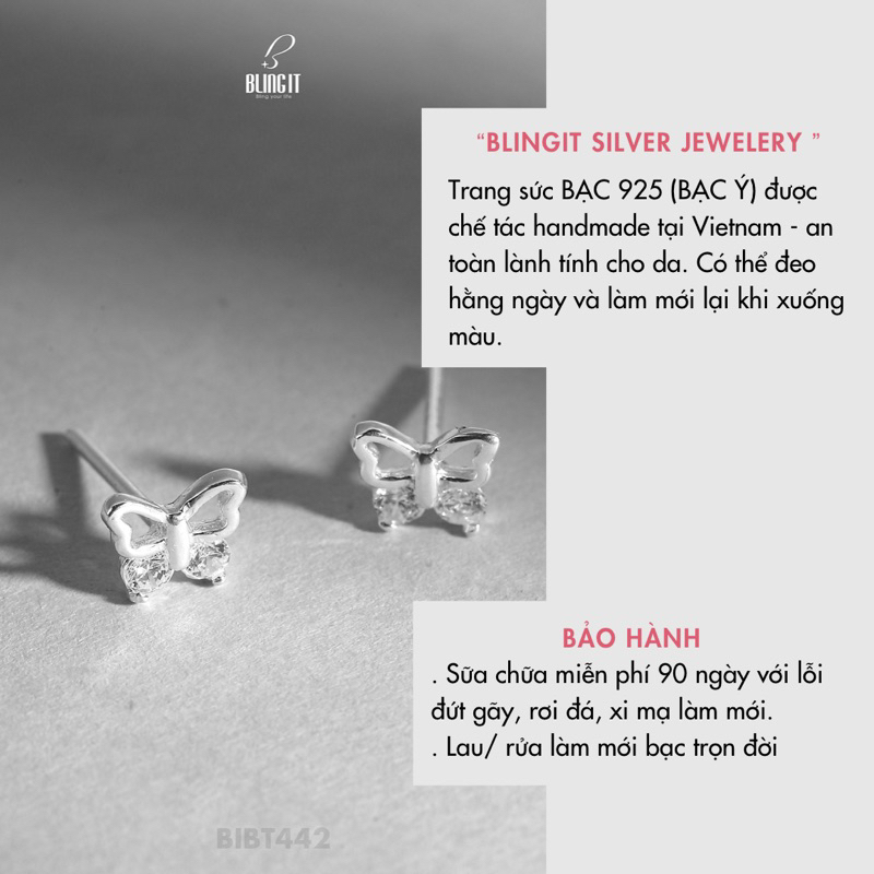 Bông tai bạc nữ BLINGIT hình bướm đính đá phong cách trang sức khuyên tai bạc 925 Ý thiết kế đơn giản nữ tính - BIBT442