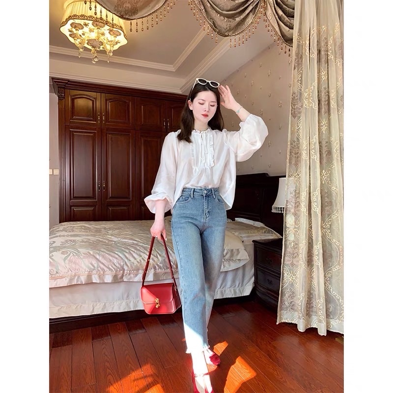 Shop tự chụp Áo babydoll Tay Dài Xếp Li Ngực Chất Đũi Xước Mát Không Lộ