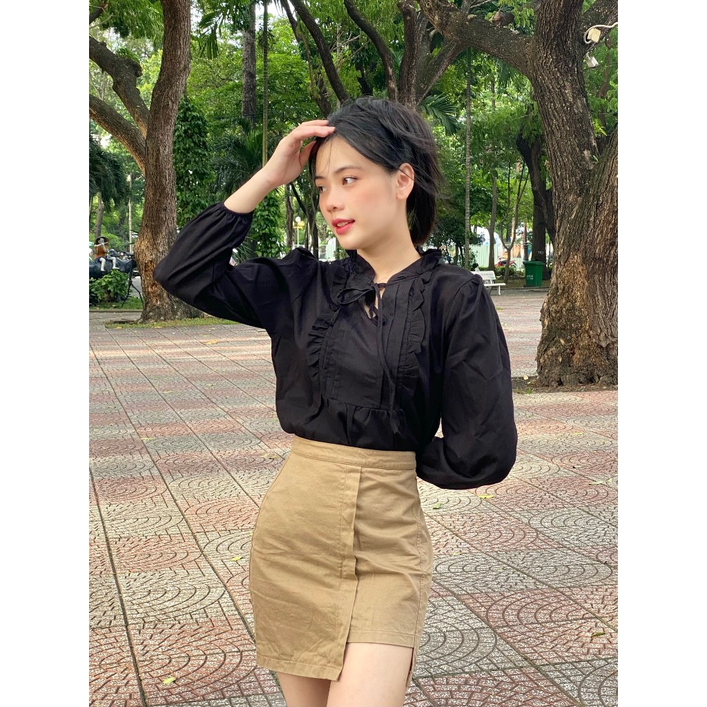 Shop tự chụp Áo babydoll Tay Dài Xếp Li Ngực Chất Đũi Xước Mát Không Lộ