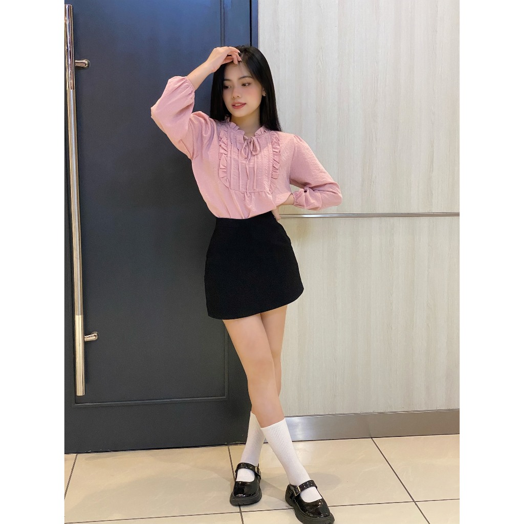 Shop tự chụp Áo babydoll Tay Dài Xếp Li Ngực Chất Đũi Xước Mát Không Lộ