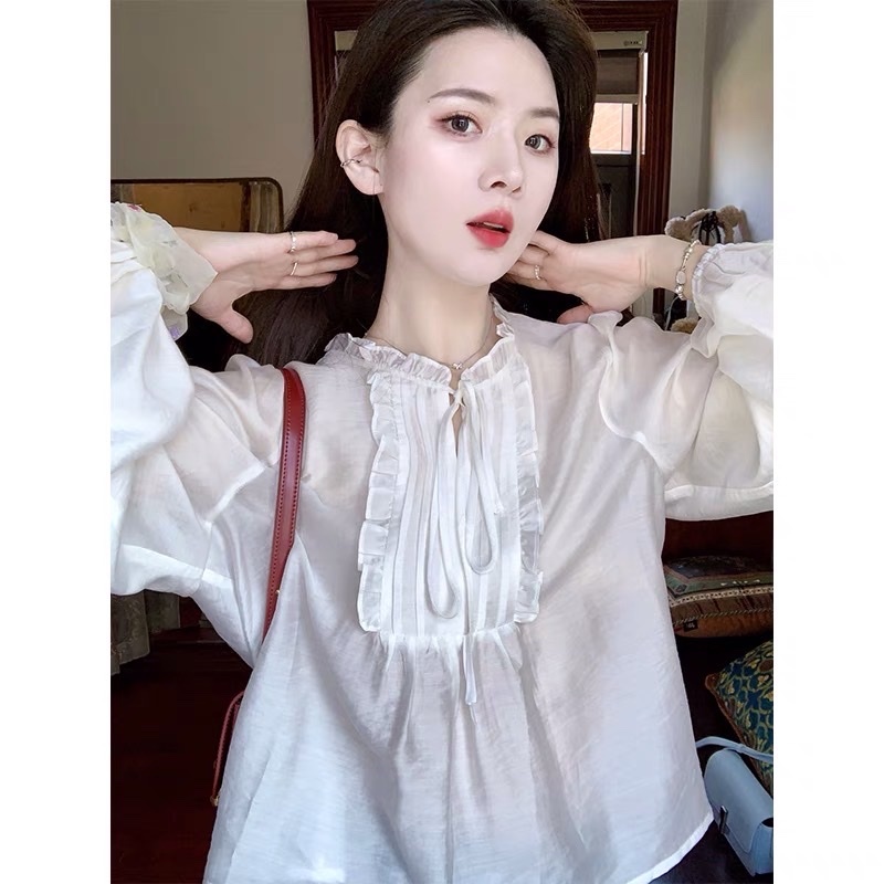Shop tự chụp Áo babydoll Tay Dài Xếp Li Ngực Chất Đũi Xước Mát Không Lộ
