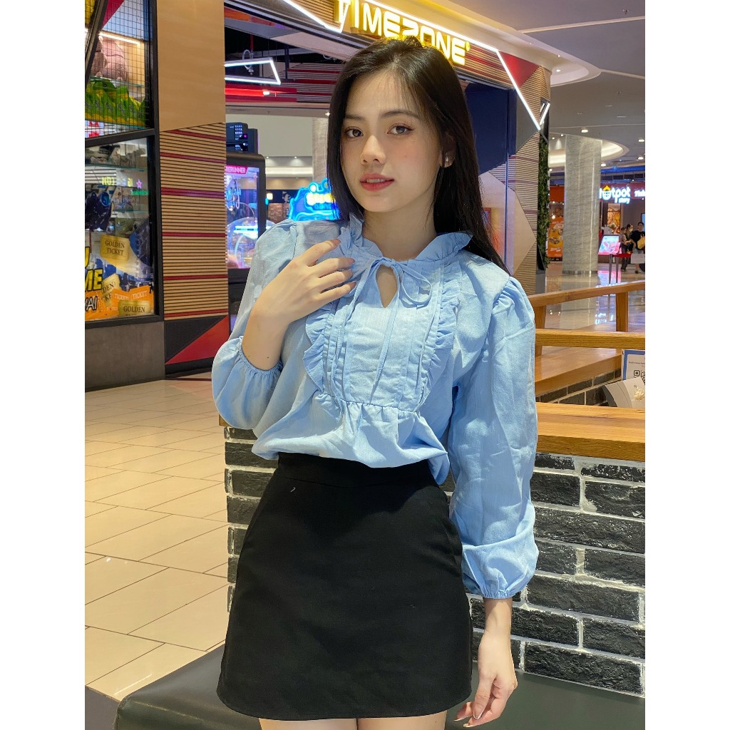 Shop tự chụp Áo babydoll Tay Dài Xếp Li Ngực Chất Đũi Xước Mát Không Lộ